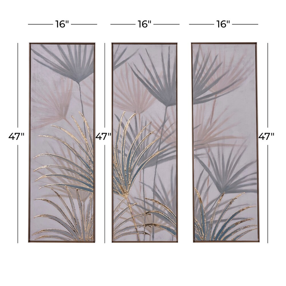 Brown Canvas Palm Leaf Framed Wall Art with Gold Frame (Set of 3)