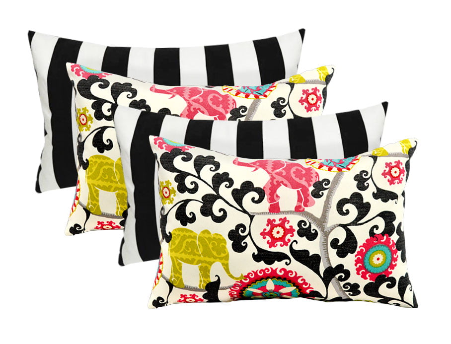 RSH Décor Indoor Outdoor Set of 4 Pillows 20" x 12", 2 Black and White Stripe & 2 Pink, Green, Gray Turquoise Bohemian Elephant