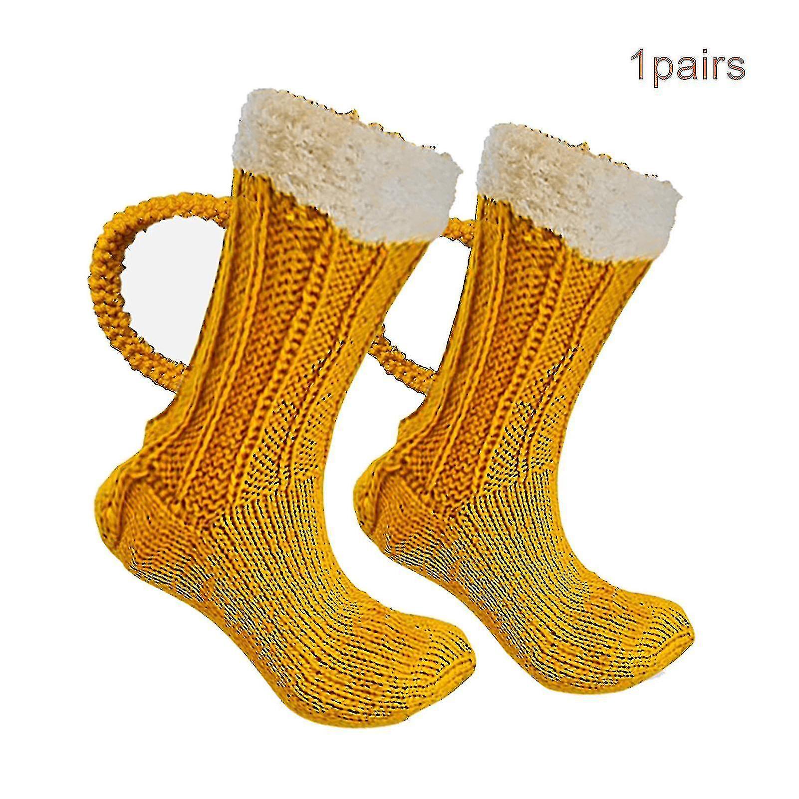 3d Beer Mug Socks Cute Unisex Funny Novelty Yellow Knit Socks Winter Warm Thick Floor Sock For Men