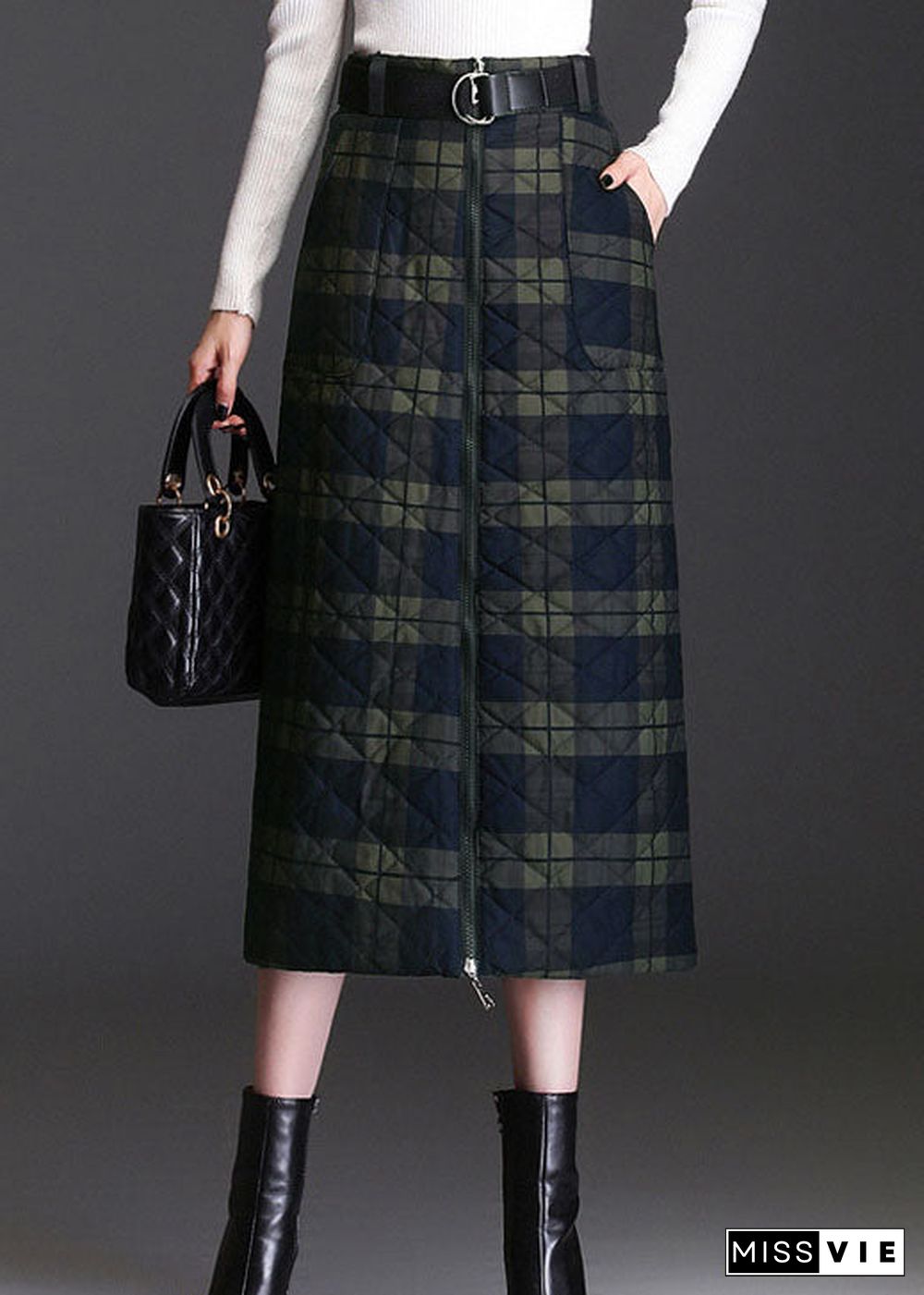 Women Green Zip Up Plaid Fine Cotton Filled Skirts Winter