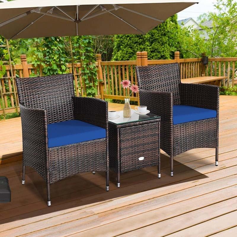 3 Pcs Rattan Patio Conversation Set Wicker Outdoor Furniture Set with Coffee Table & 2 Cushioned Sofa