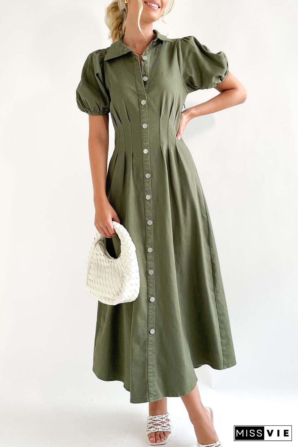 Casual Solid Buckle Turndown Collar A Line Dresses