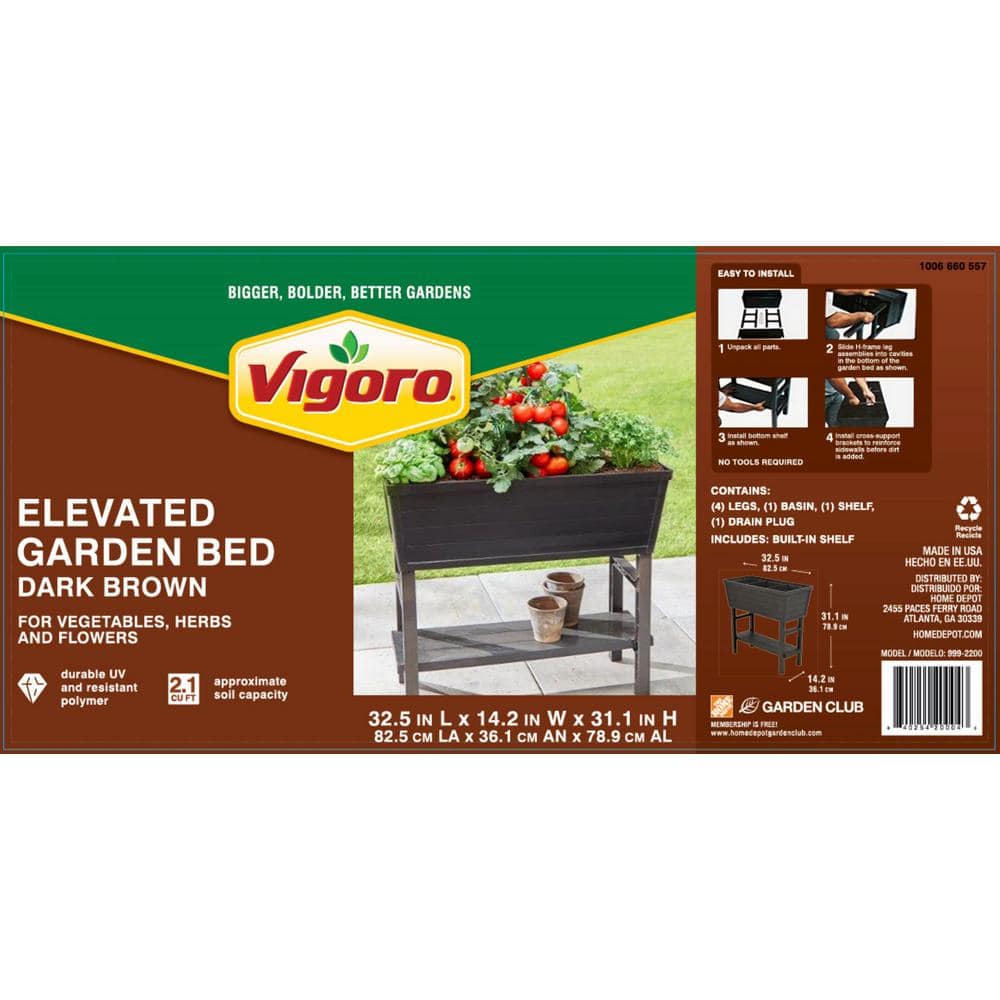 Vigoro 32.25 in. W x 31 in. H Elevated Resin Patio Garden Bed in Brown 999-2200