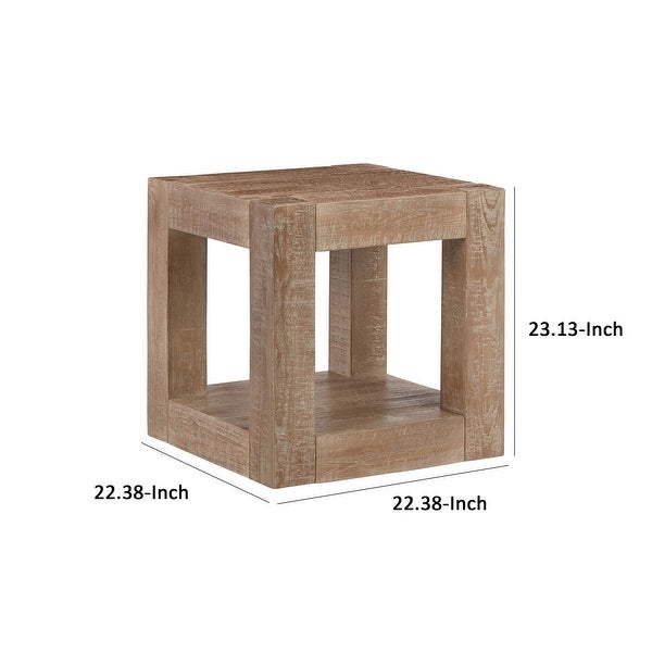 22 Inch Square Side End Table， Thick Block Pedestal Legs， Distressed Brown