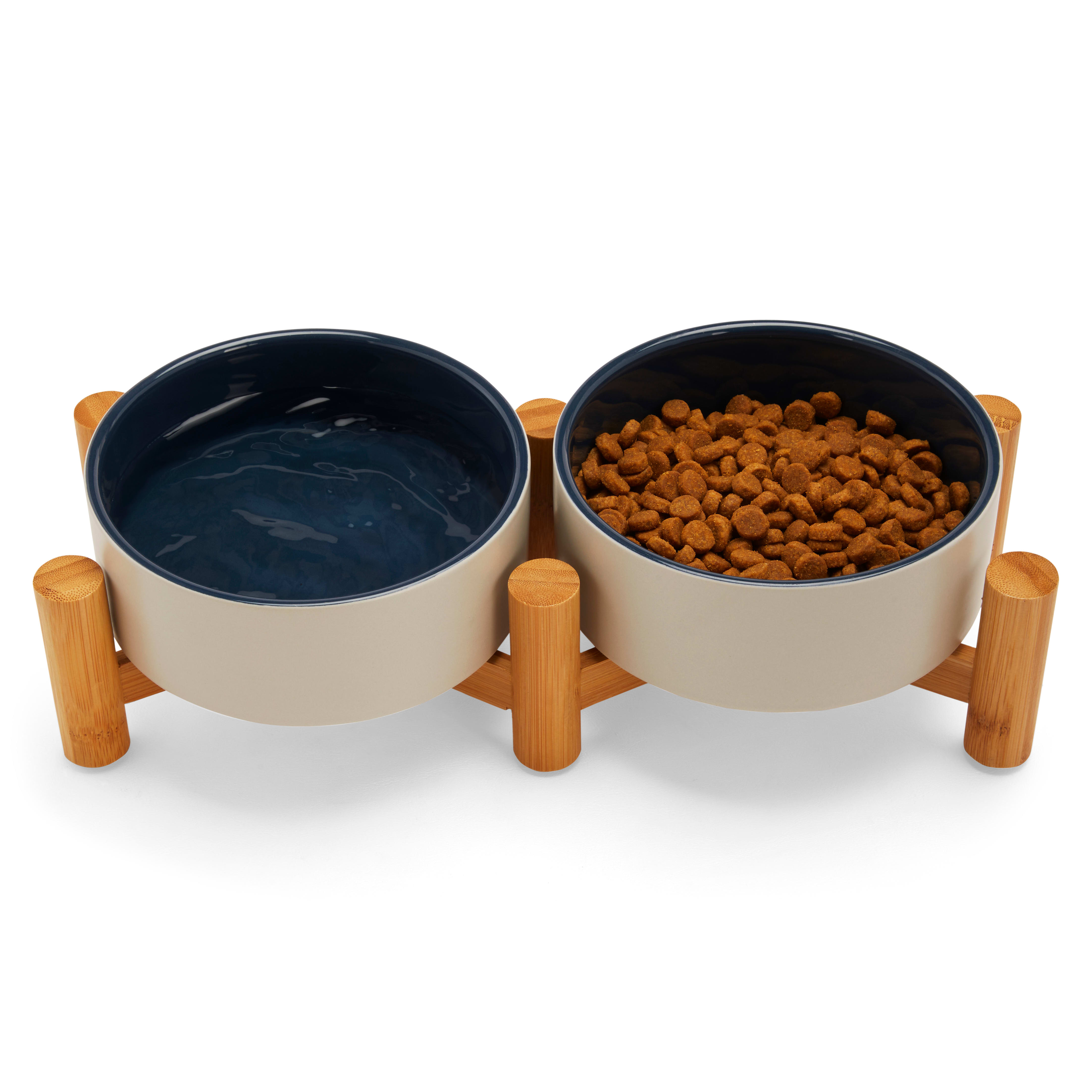 Reddy Grey  Navy Ceramic  Bamboo Elevated Dog Double Diner， 3 Cups