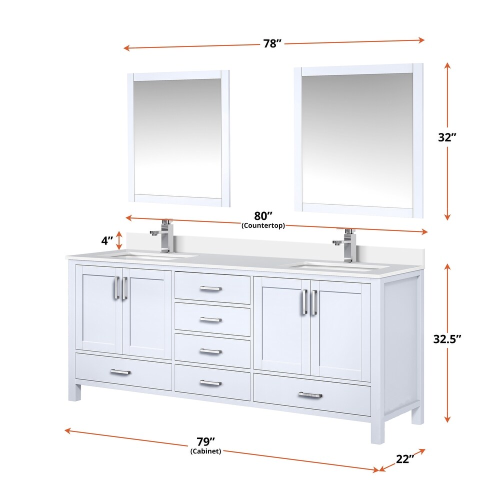 Jacques 80 in. W x 22 in. D White Double Bath Vanity  White Quartz Top  and 30 in. Mirrors