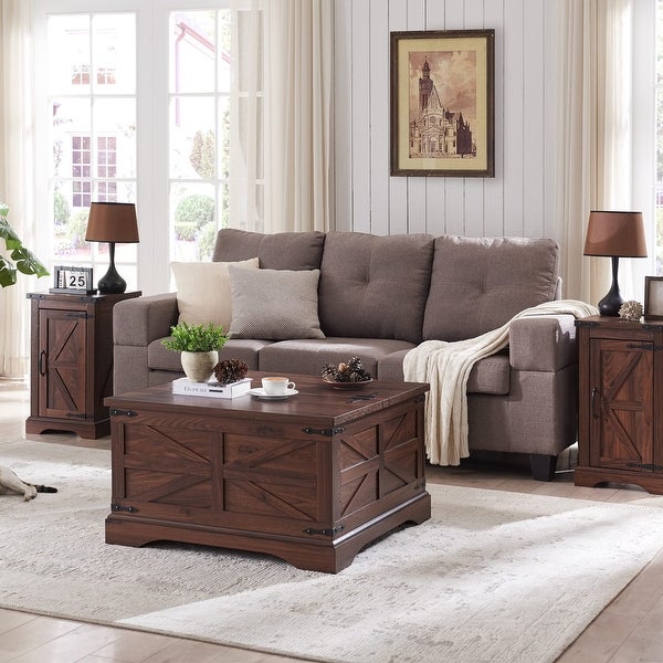 Farmhouse Coffee Table， Square Wood Center Table with Large Hidden Storage Compartment for Living Room， - as picture