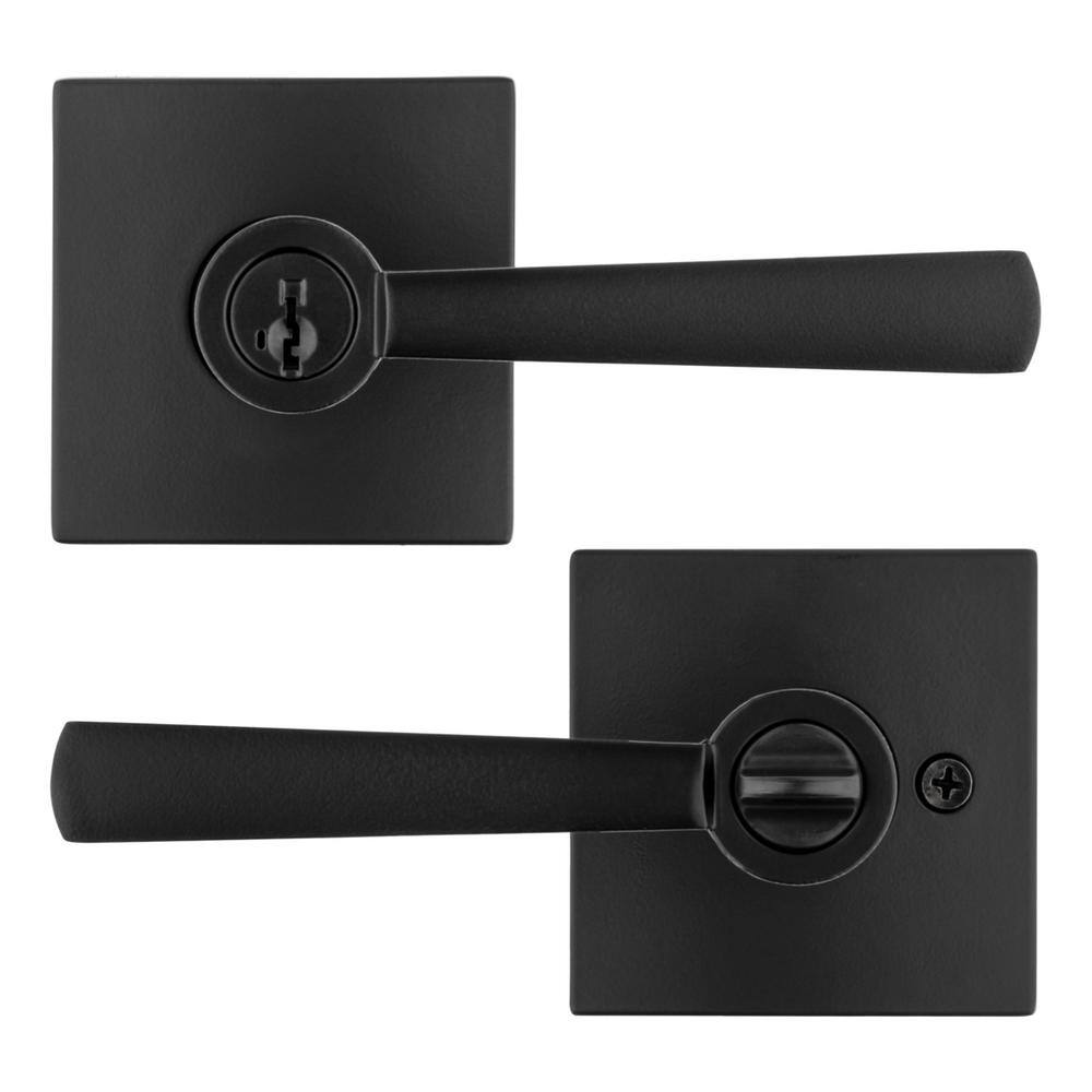 Baldwin Prestige Spyglass Matte Black Entry Door Handle Featuring SmartKey Security with Microban Antimicrobial Technology 354SPLSQR514SMT