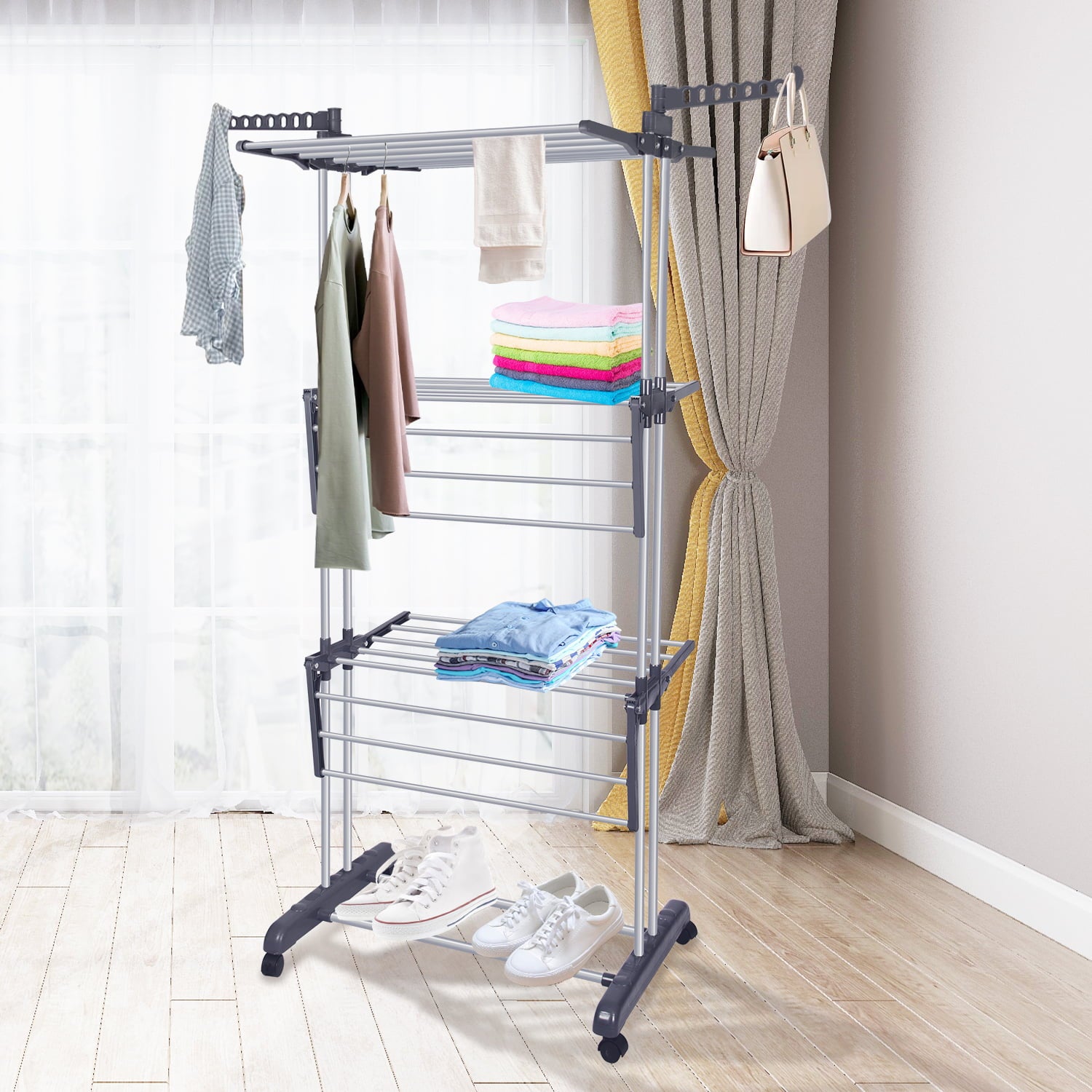 Bigzzia Foldable Clothes Laundry Rack 3 Tier Clothes Drying Rack with Stainless Steel Hanging Rods, Drying Rck for ClothesGray