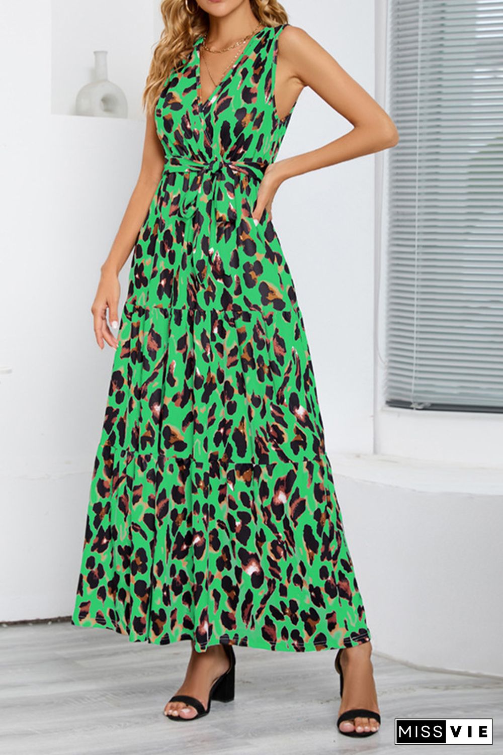 Sleeveless V Neck Splicing Leopard Dress