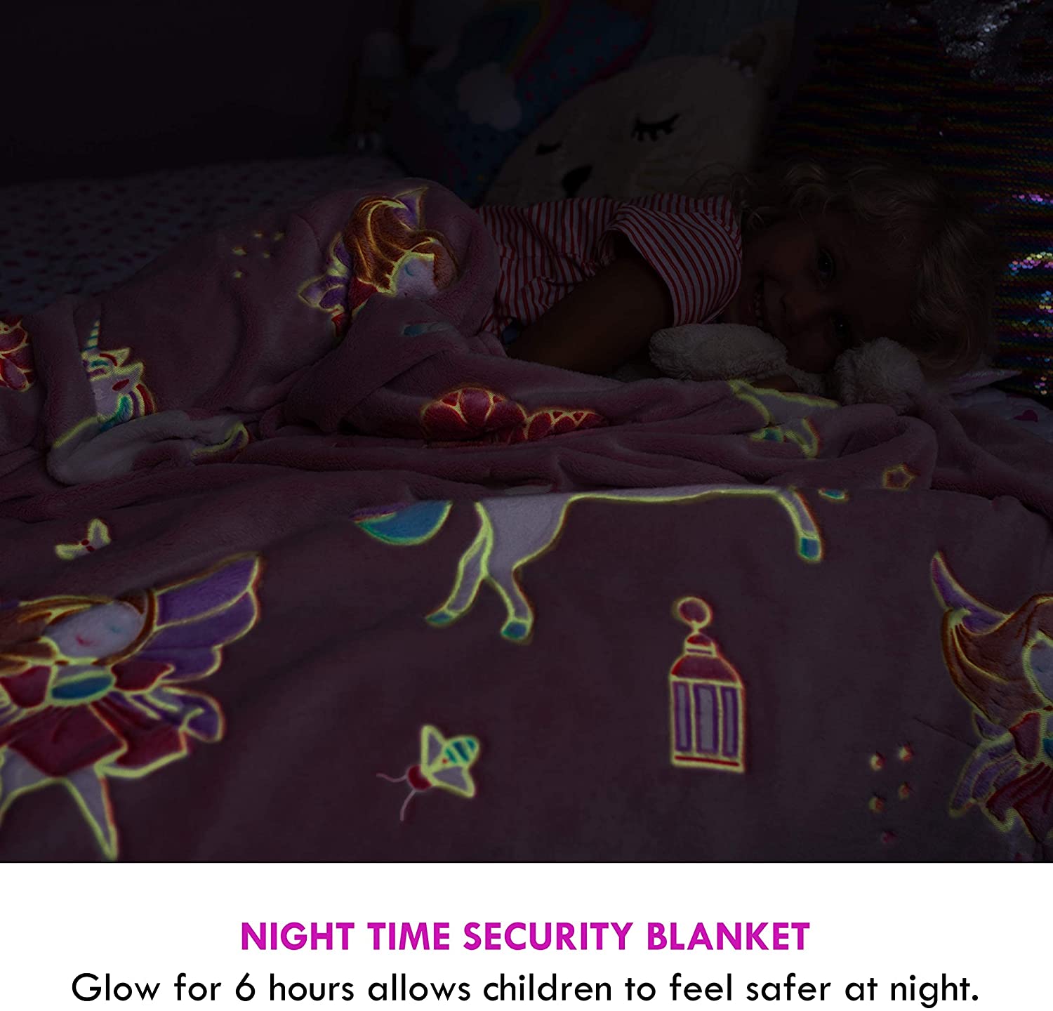 Glow in The Dark Unicorn Blanket for Girls – Soft Pink Fleece Throw. Great Christmas， Birthday， Baby， Toddler Unicorn Gifts! Premium Fuzzy Blanket with Fairy， Butterfly， Stars. Bright Long-Last Glow