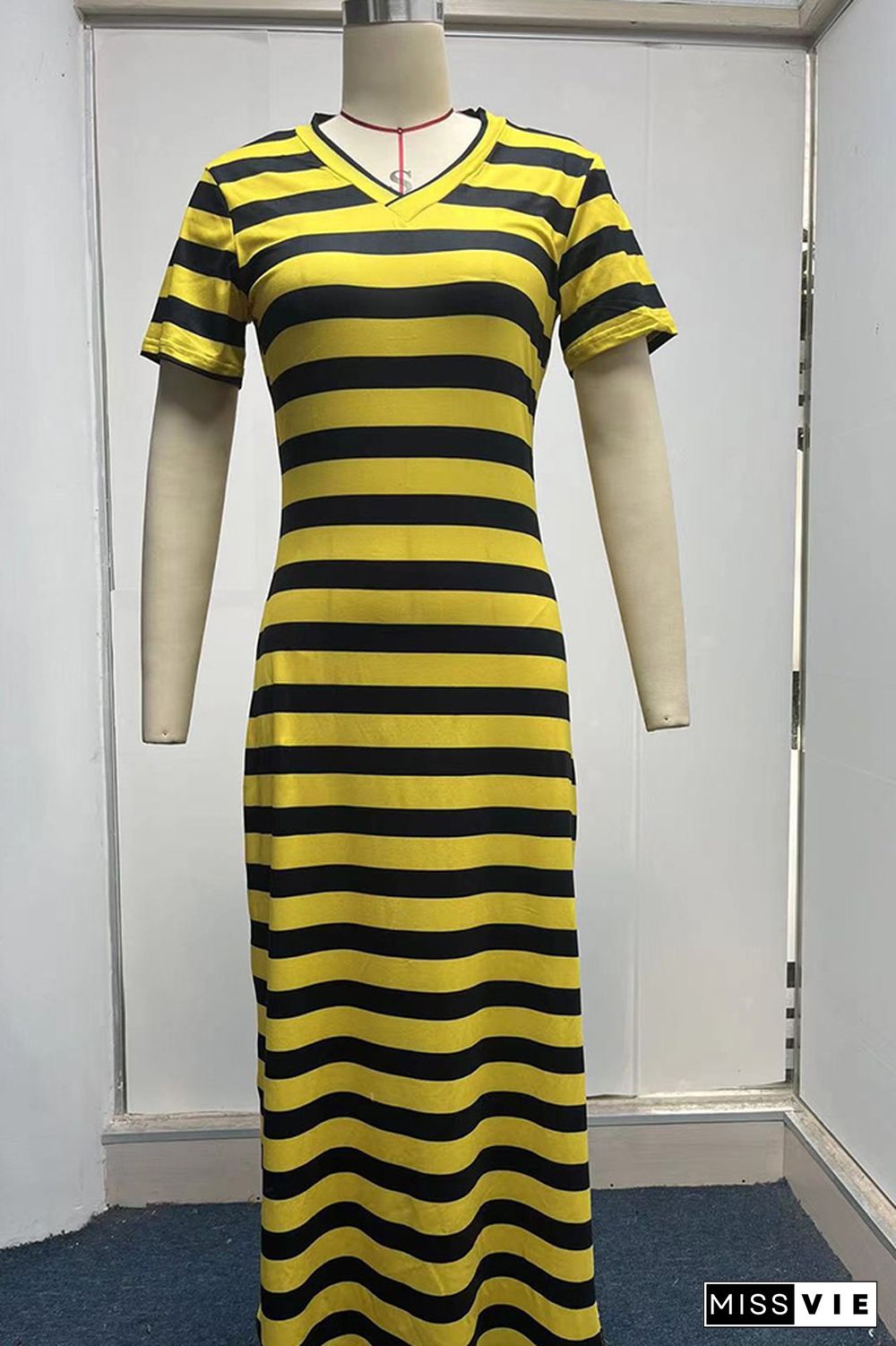 V Neck Split Stripes Dress