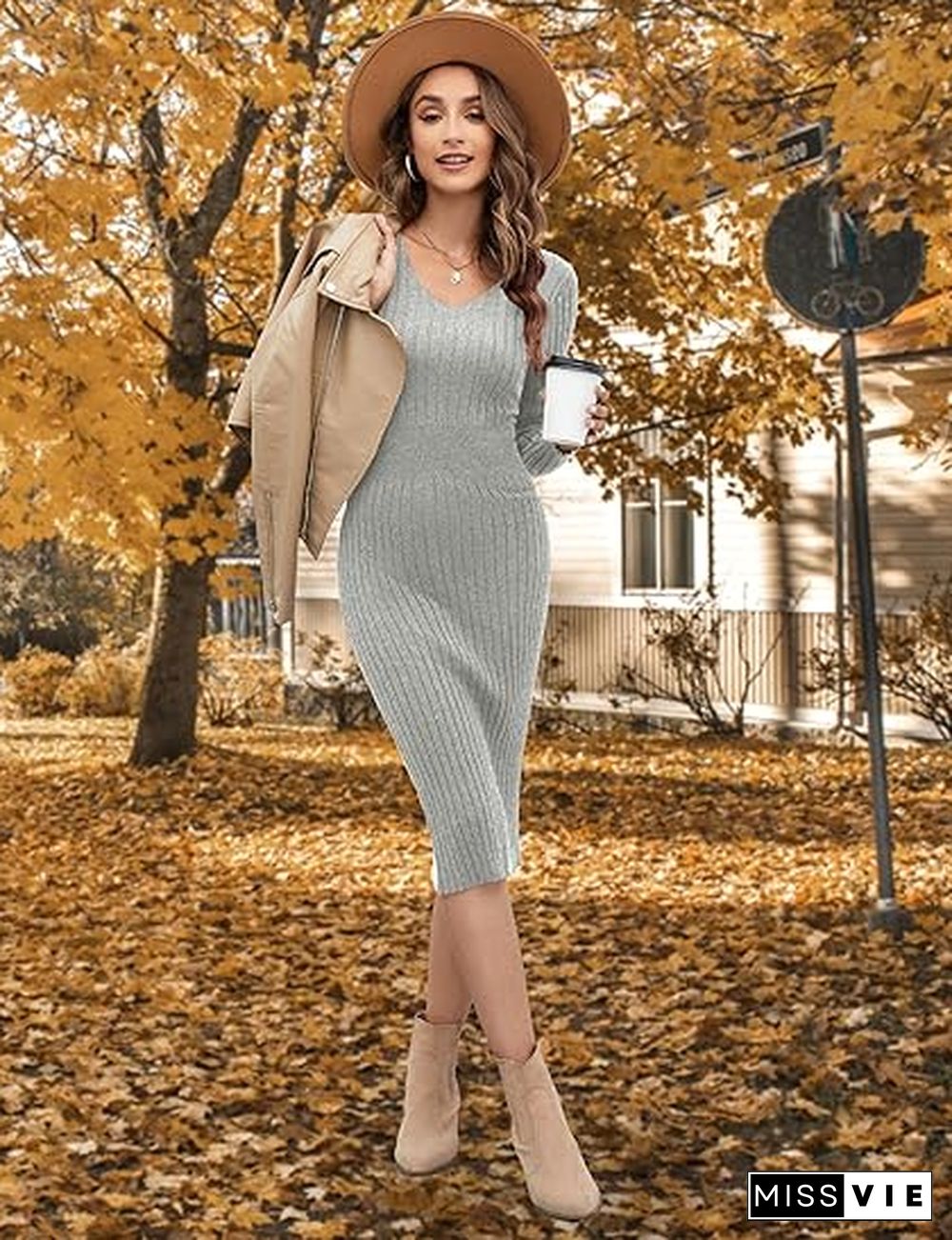 Grey Plain V-Neck Sweater Midi Dress