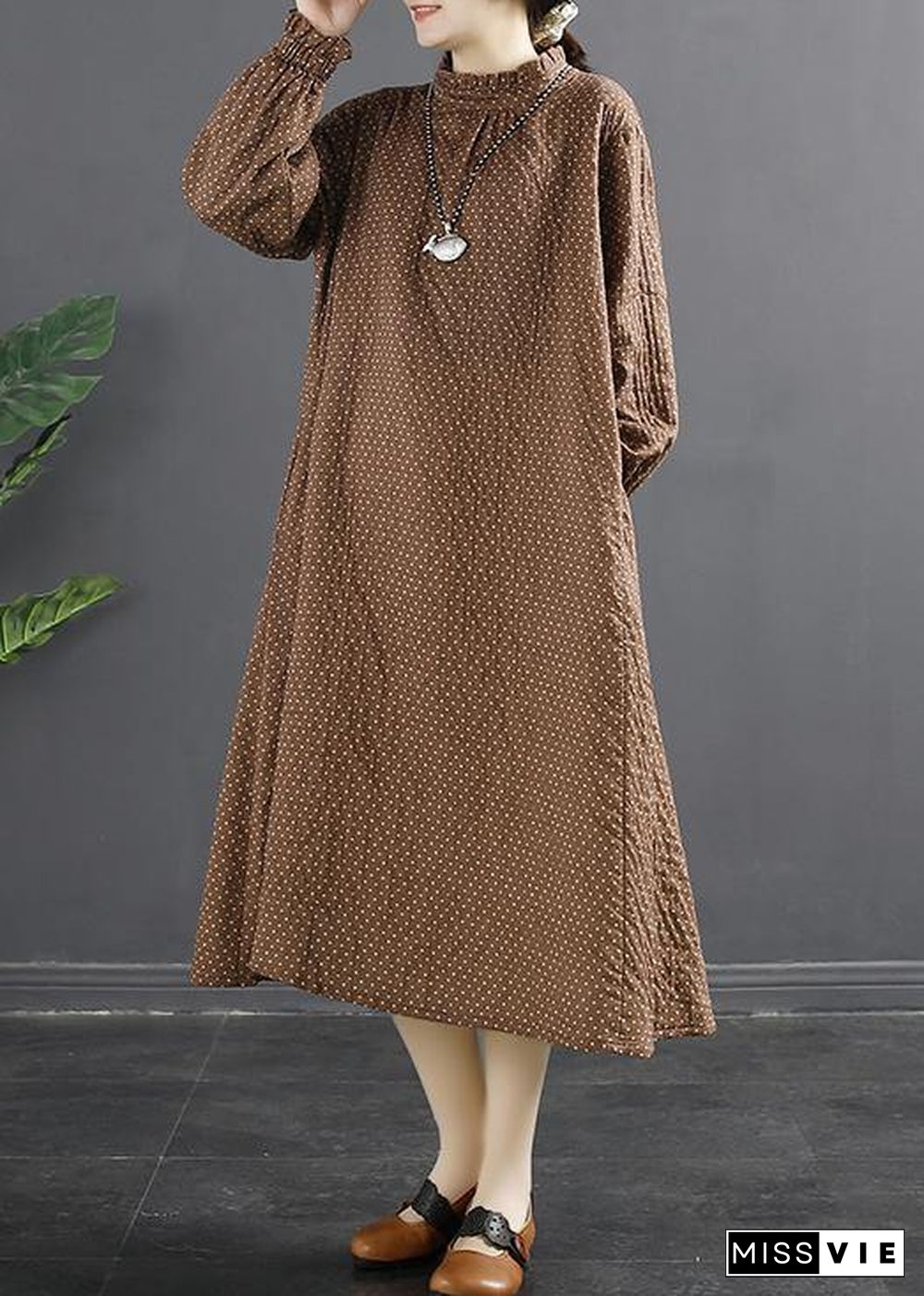 Chic Stand Collar Tunic Dress Work Outfits Chocolate Dotted Maxi Dress