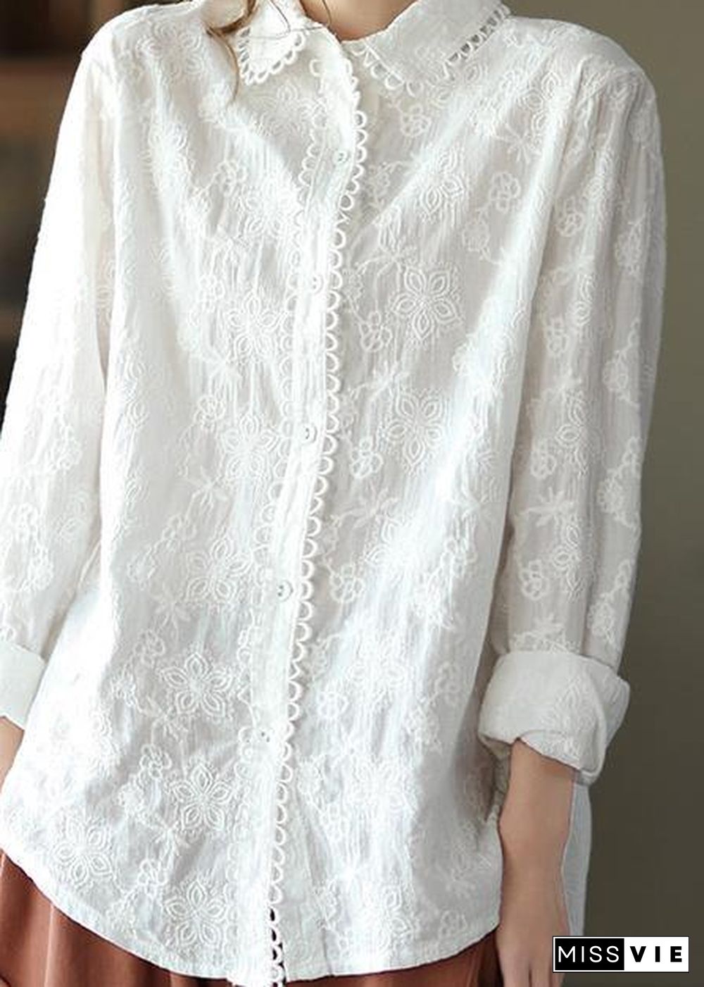 Women White Embroidery shirts Lapel white button loose Spring blouse