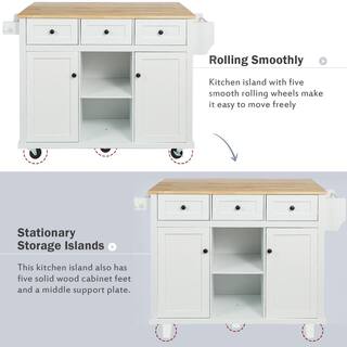 White Rubber Wood Drop-Leaf Countertop 53.1 in. W Kitchen Island with Storage Cabinet and 3-Drawers cartjinx12