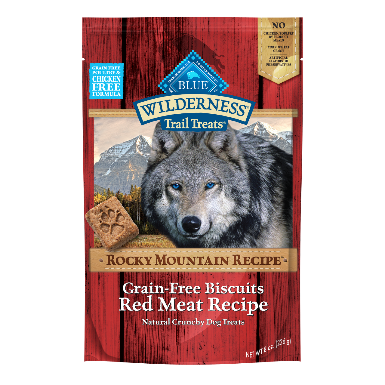 Blue Buffalo Wilderness Rocky Mountain Grain-Free Red Meat Recipe Biscuits Dog Treats， 8 Oz. Bag