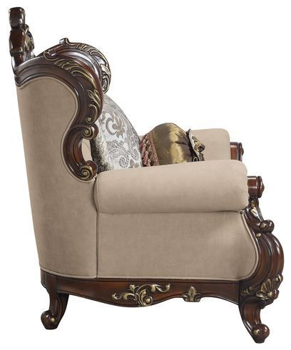 ACME Ragnar Loveseat With 5 Pillows  Light Brown Linen and Cherry Finish   Victorian   Loveseats   by Acme Furniture  Houzz