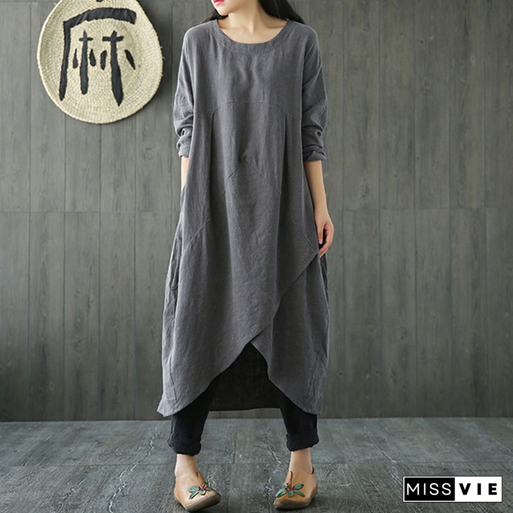 Vintage Women Cotton Crewneck Long Sleeve Baggy Tops Asymmetrical Hem Midi Dress