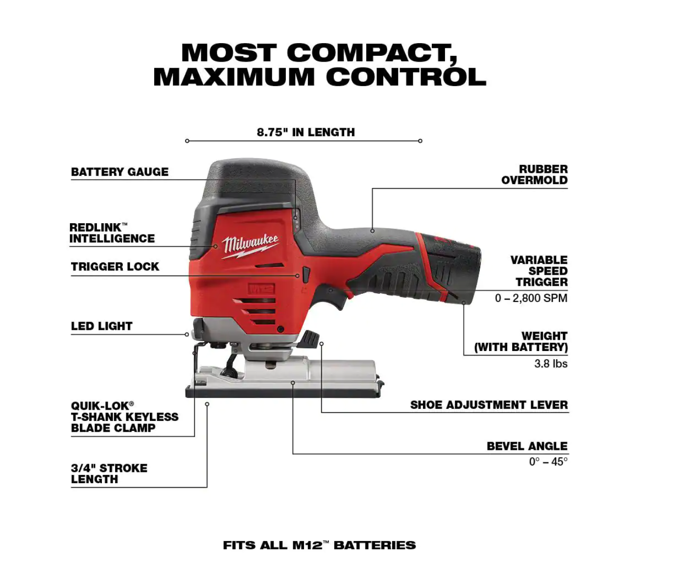 Milwaukee 2445-20-2447-20-48-11-2460 M12 12V Lithium-Ion Cordless Jig Saw with M12 3/8 in. Crown Stapler and 6.0 Ah XC Battery Pack