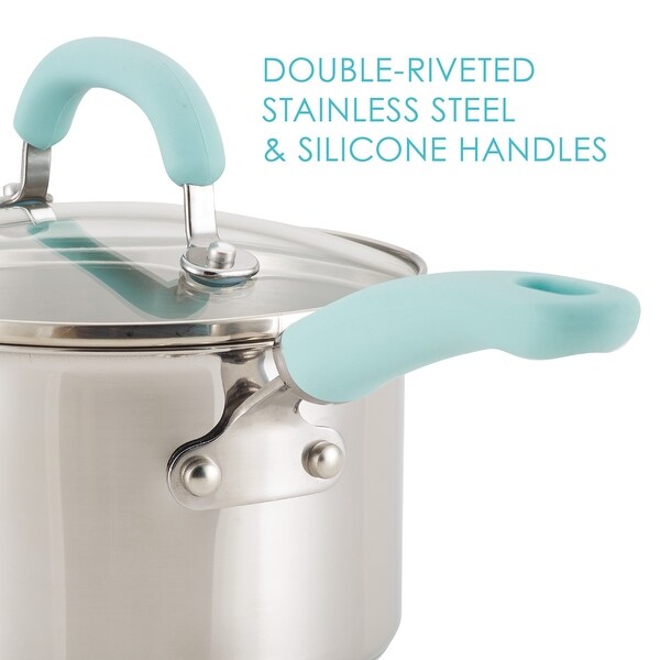 10-Piece Create Delicious Stainless Steel Pots and Pans Set， Cookware Set， Light Blue Handles