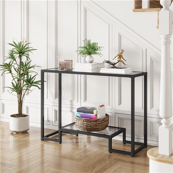 Modern 2-Layer Tempered Glass Console Table for Entryway Hallway Porch Kitchen