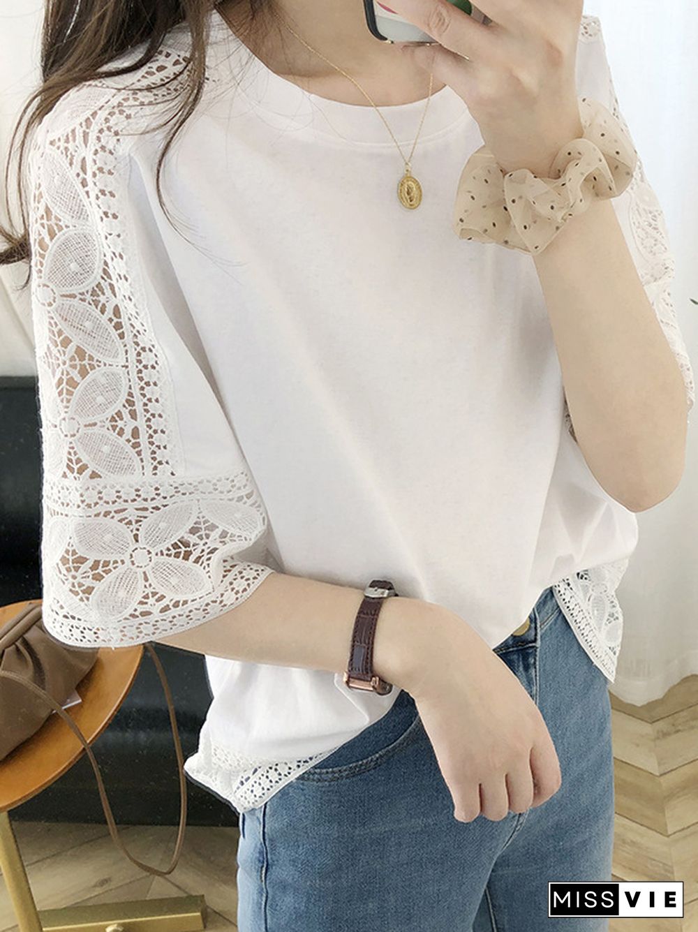 Half Sleeves Loose Hollow Solid Color Split-Joint Round-Neck T-Shirts Tops