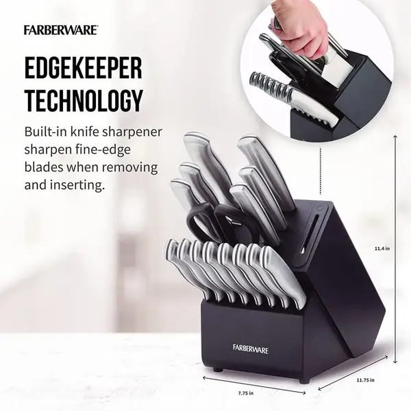 Farberware 16-Piece Edgekeeper Stainless Steel Block Set with Built in Knife Sharpener