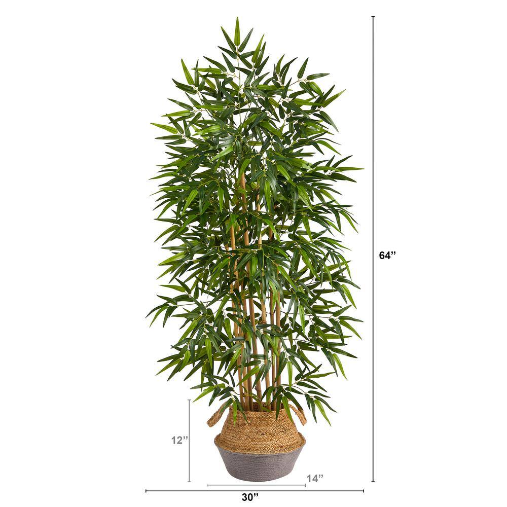 Nearly Natural 64 in. Green Bamboo Artificial Tree Natural Bamboo Trunks in Boho Chic Handmade Cotton and Jute Gray Woven Planter T2889