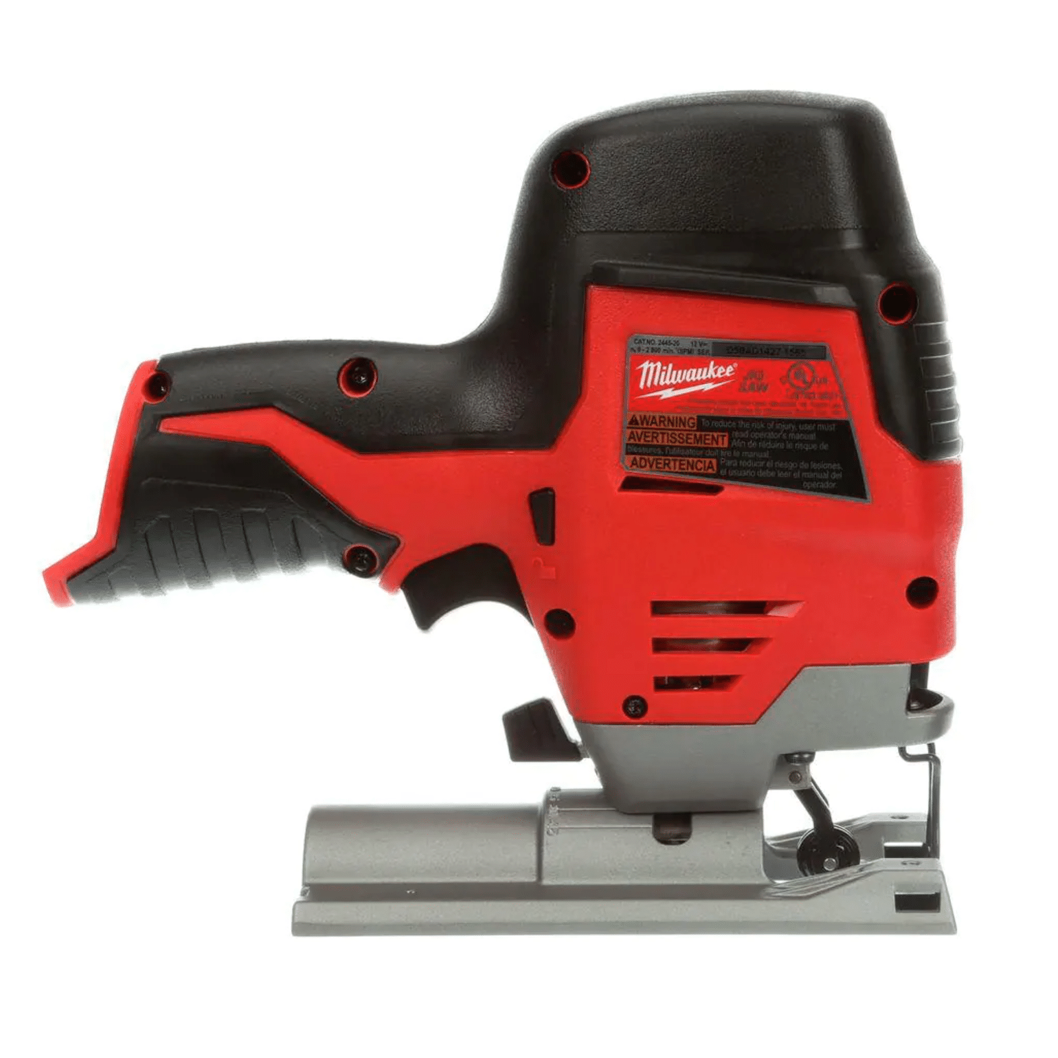 Milwaukee M12 12V Lithium-Ion Cordless Jig Saw with M12 3/8 in. Ratchet and 6.0 Ah XC Battery Pack (2445-20-2457-20-48-11-2460)