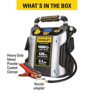 Stanley Jump Starter 1400 Peak Amps 120 PSI Air Compressor 3 USB Ports J7C09D