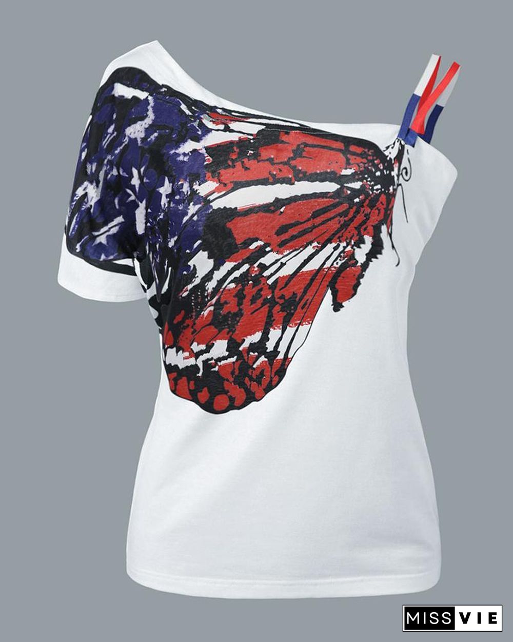 One Shoulder Butterfly Print Casual T-shirt P13715