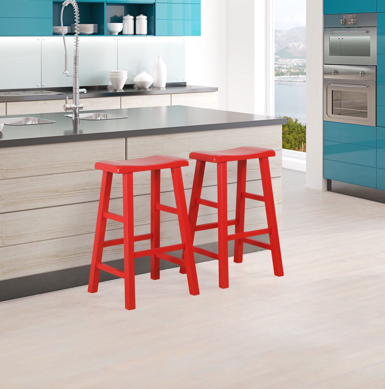 eHemco Heavy-Duty Solid Wood Saddle Seat Kitchen Counter Bar Stools， 29 Inches， Red， Set of 2