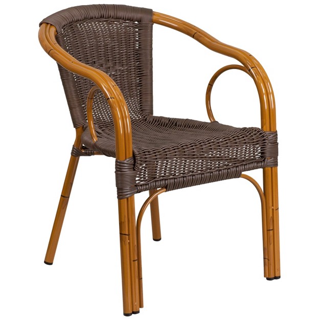 Merrick Lane Esna Series Stacking Rattan Patio Chair With Bamboo Look Aluminum Frame And Integrated Arms