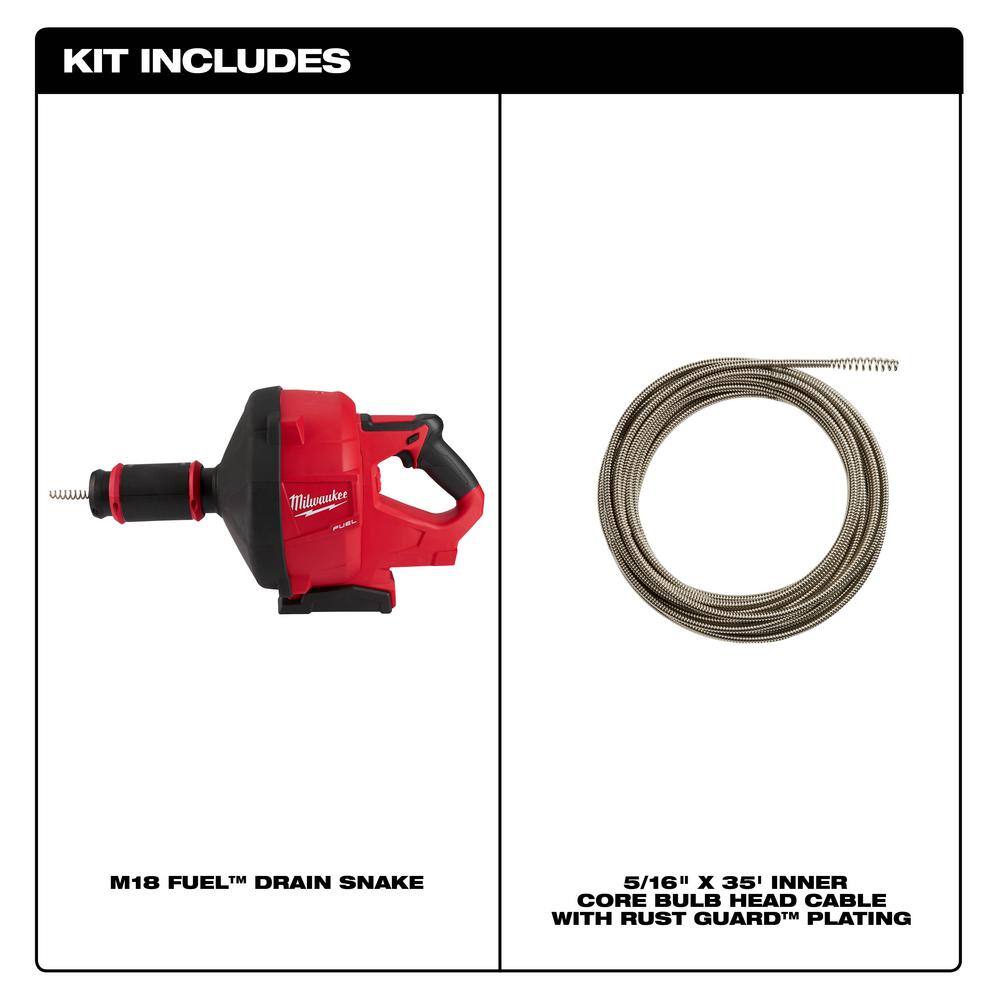 MW M18 FUEL 18V Lithium-Ion Cordless Drain Cleaning Snake Auger 516in. Cable Drive Kit 516in.x50ft Inner Core Bulb Head 2772A-21-48-53-2674