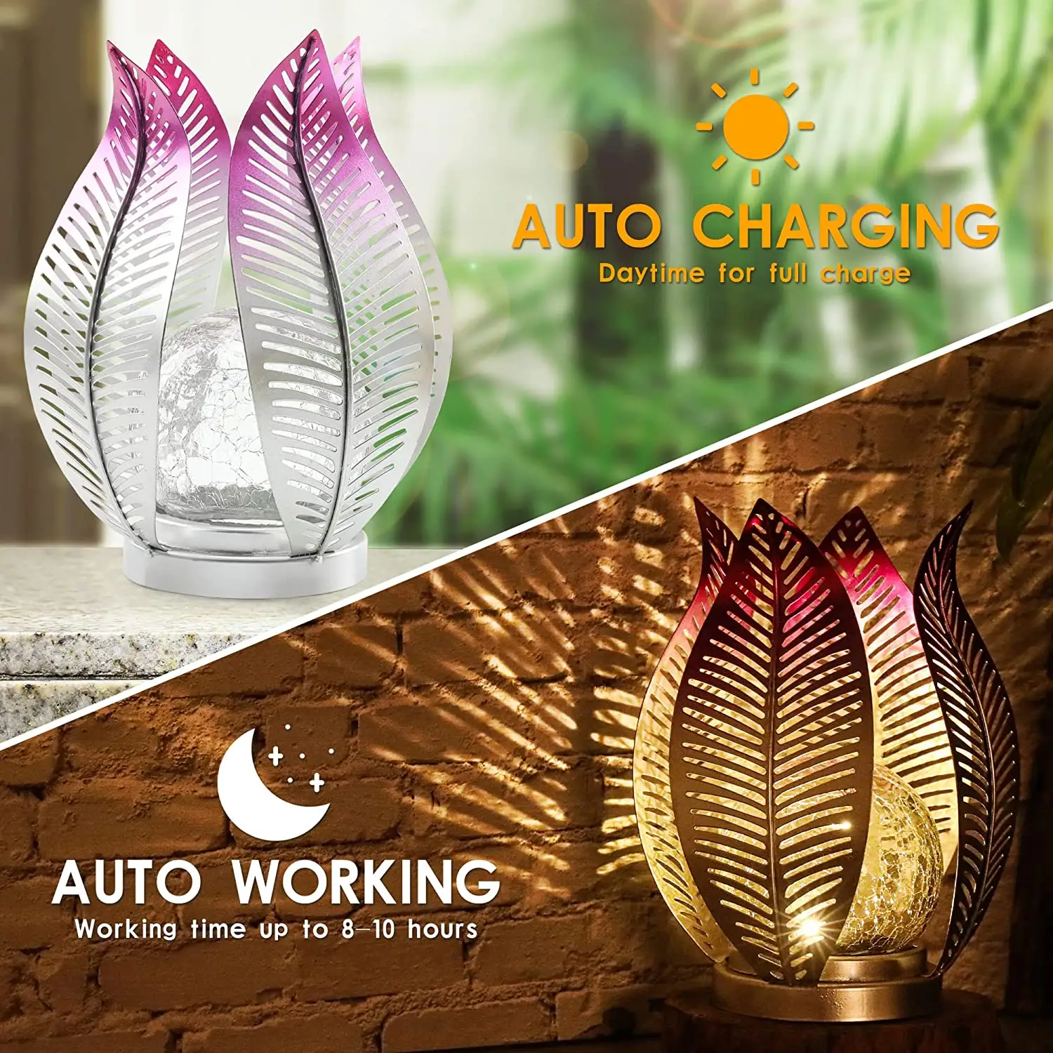 2023 Retro Solar Lanterns Tabletop Outdoor Waterproof Metal White Palm Leaf LED Solar Lights