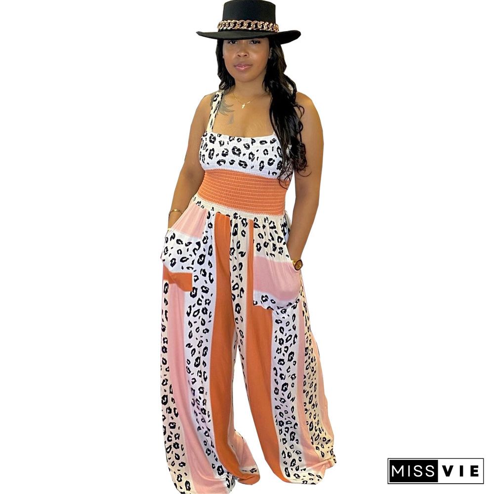 Fashion Leopard Stripe Print Sleeveless Pleated Summer Clothes Elastic Waist Wide Leg Jumpsuit