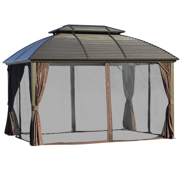 Outsunny 10 x27 X 12 x27 Hardtop Gazebo With Galvanized Steel Rounded Double Roof Aluminum Frame Pavilion Gazebo With Netting Hooks And Curtains Brown