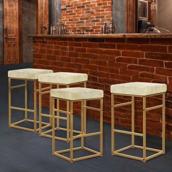 30 Inch Backless Metal Barstool with Beige/Green Velvet Seat-Set of 4