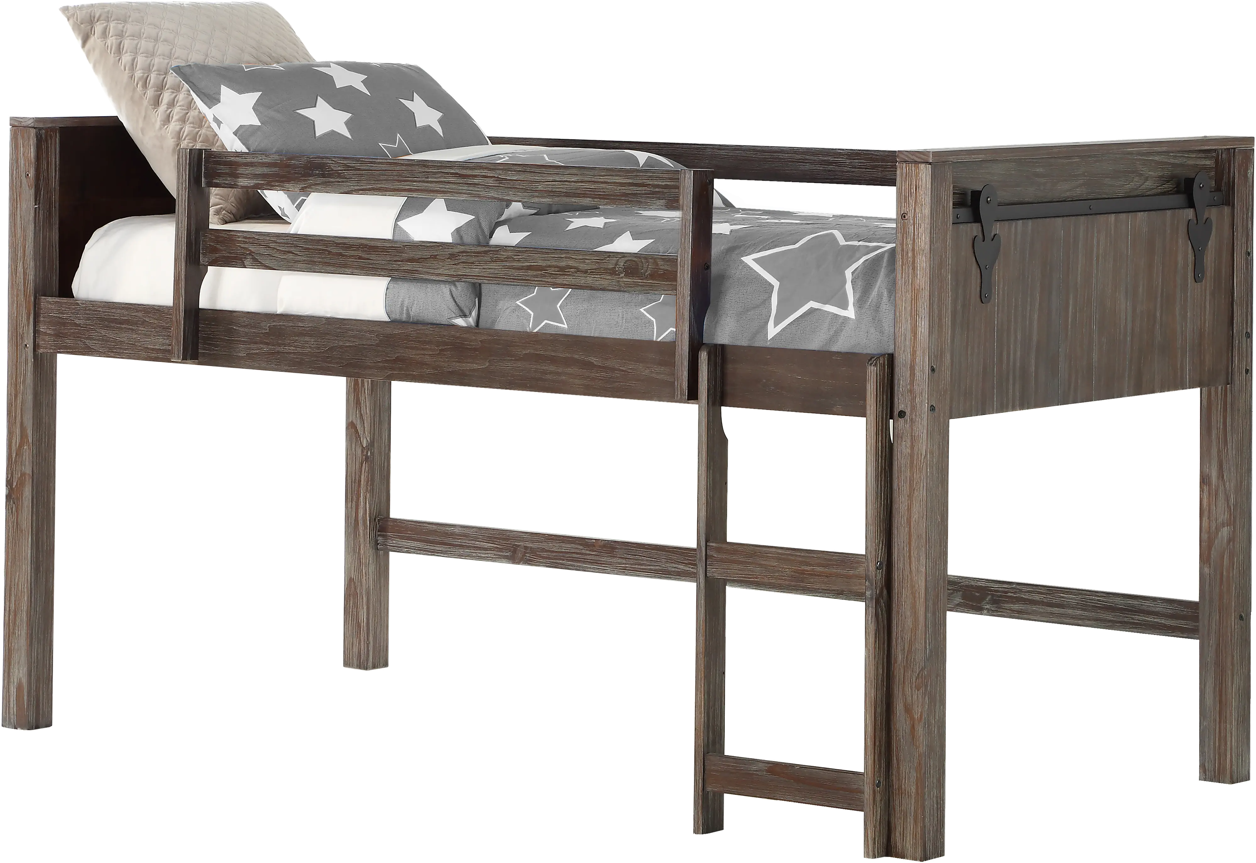 Farmhouse Brushed Brown Twin Low Loft Bed - Barn Door