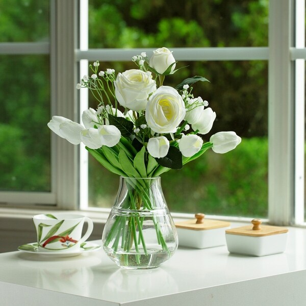 Mixed Rose and Tulip Flower Arrangement in Clear Glass Vase with Acrylic Water for Home Wedding Decoration