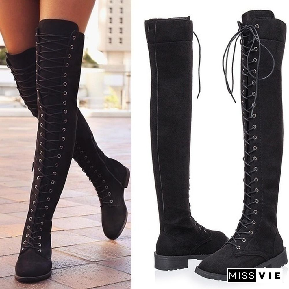 Fashion Women's Round Head Crossed Knee Length Belt Side Zipper Boots Size 35-43