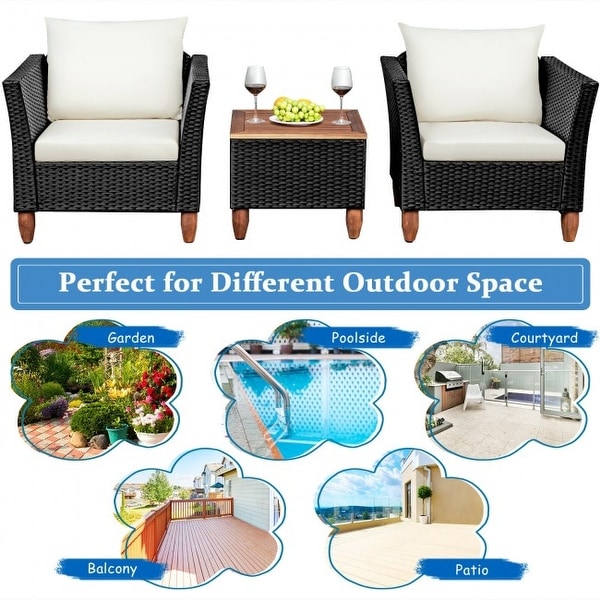 3 Pcs Outdoor Patio Rattan Furniture Set Wooden Table Top Cushioned Sofa