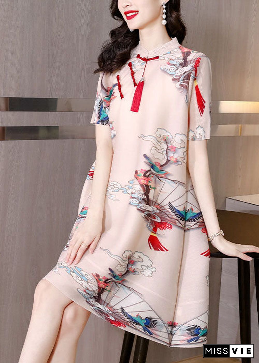 Original Design Apricot Mandarin Collar Print Oriental Button Wrinkled Silk A Line Dresses Short Sleeve