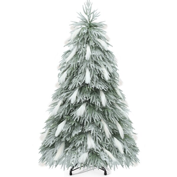 6ft PreLit SnowFlocked Pampas Christmas Tree with 355 Branch Tips，30 Feathers，and 400 Lights for Home