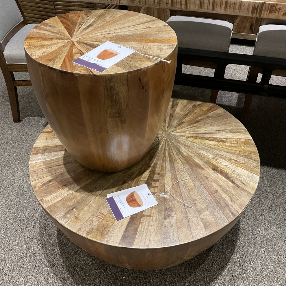 Sunburst Pattern Solid Wood Drum Coffee Table Mango Wood   Rustic   Coffee Tables   by Sideboards and Things  Houzz