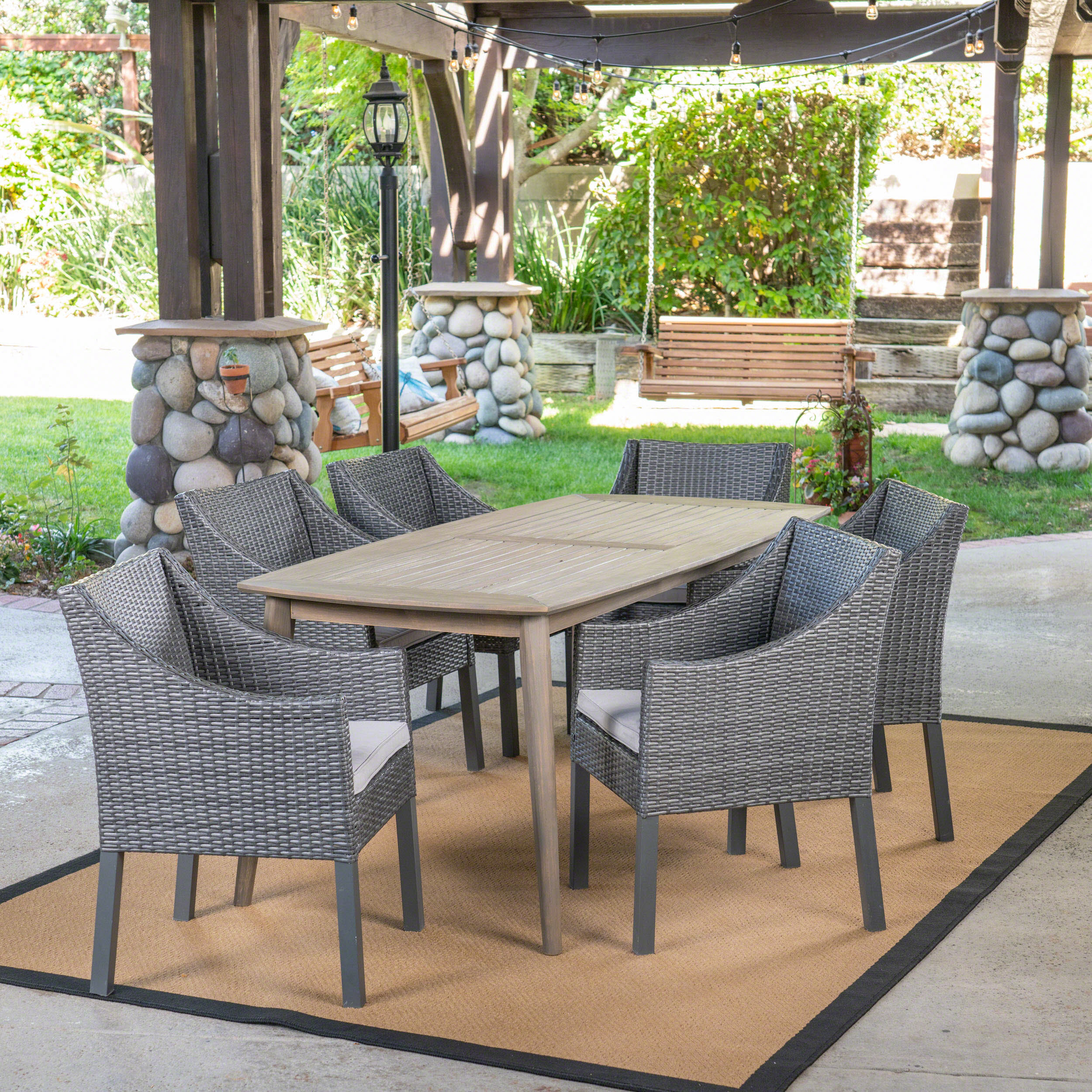 Kerk Outdoor 7 Piece Wood and Wicker Dining Set, Gray and Gray