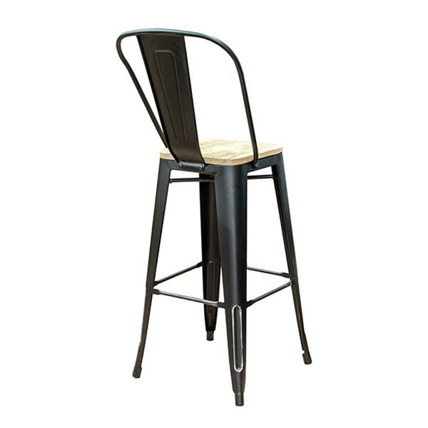 Black Metal High Back Stool with Wood Seat 26