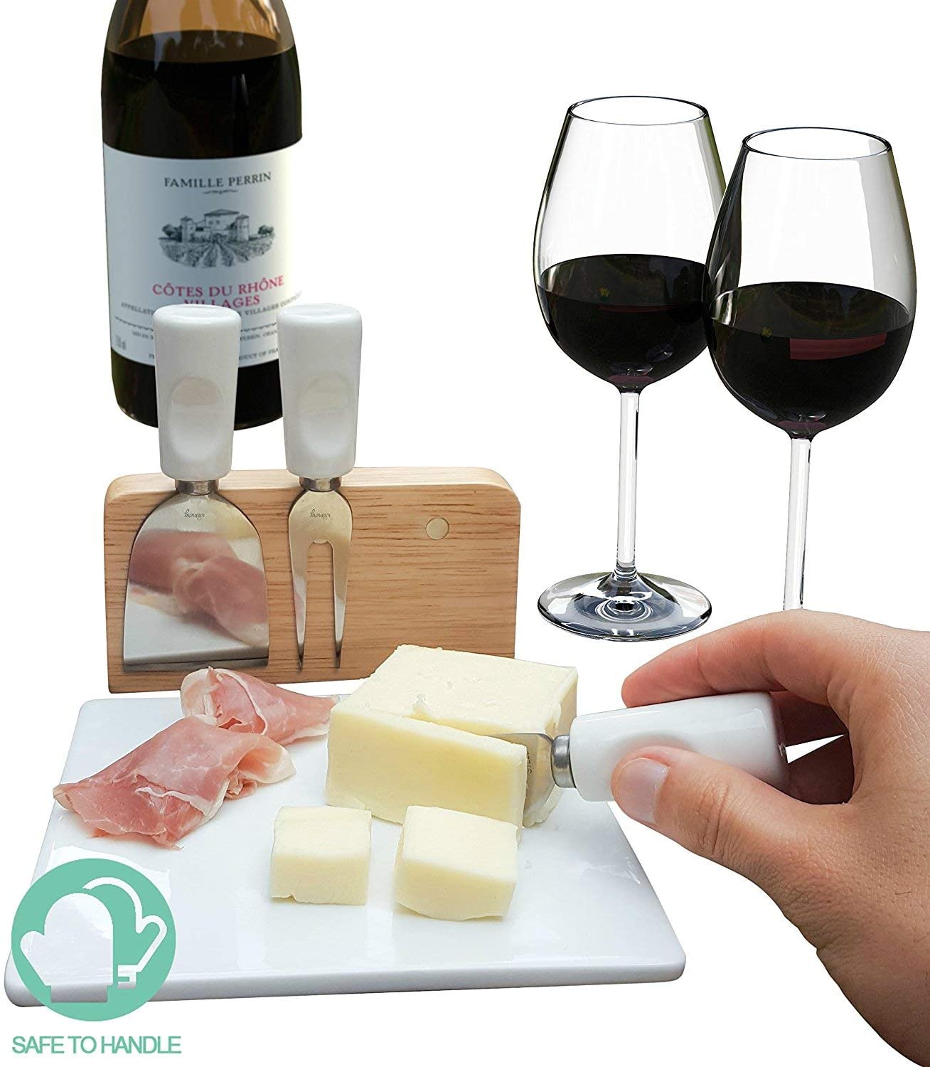 Wamery Cheese Knife Set with Ceramic Cheese Board and Magnetic Knife Block Includes 3 Stainless Steel Sharp Cheese Slicer， Cheese Cutter and Cheese Fork Ideal for any Occasion