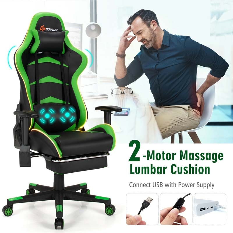 LED Massage Gaming Chair, Height Adjustable Racing Computer Office Chair with Footrest, Ergonomic High Back PU Swivel Game Chair